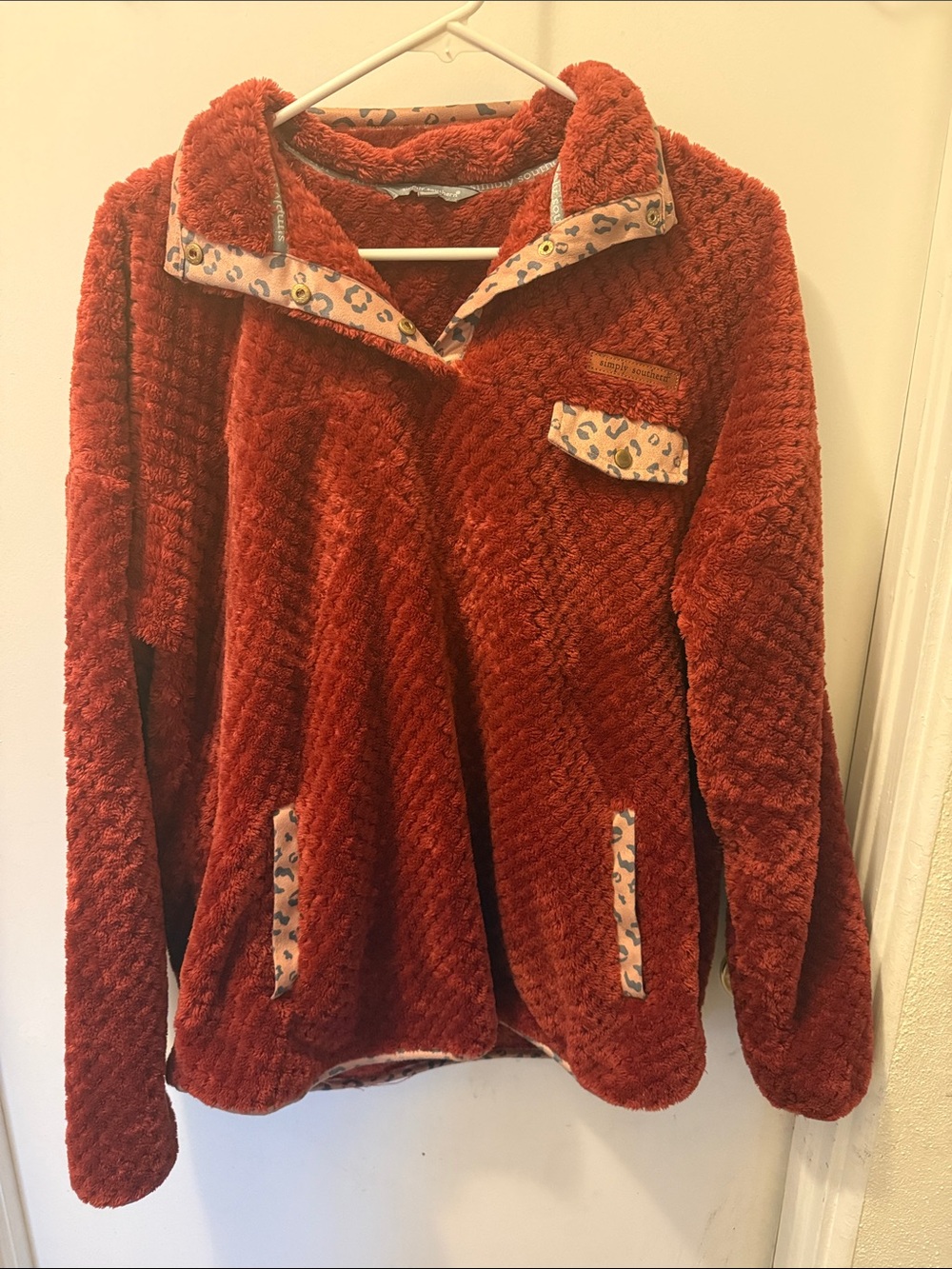 Simply Southern Rust Plush Sherpa Jacket with Cheetah Print Trim